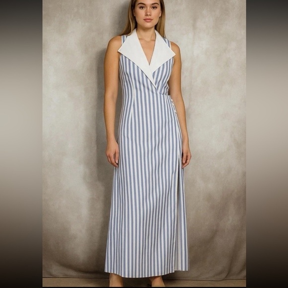 STAUD Cotton Poplin Stripe Faux Wrap Maxi Dress In Blue Women's Size 4 - Picture 2 of 9